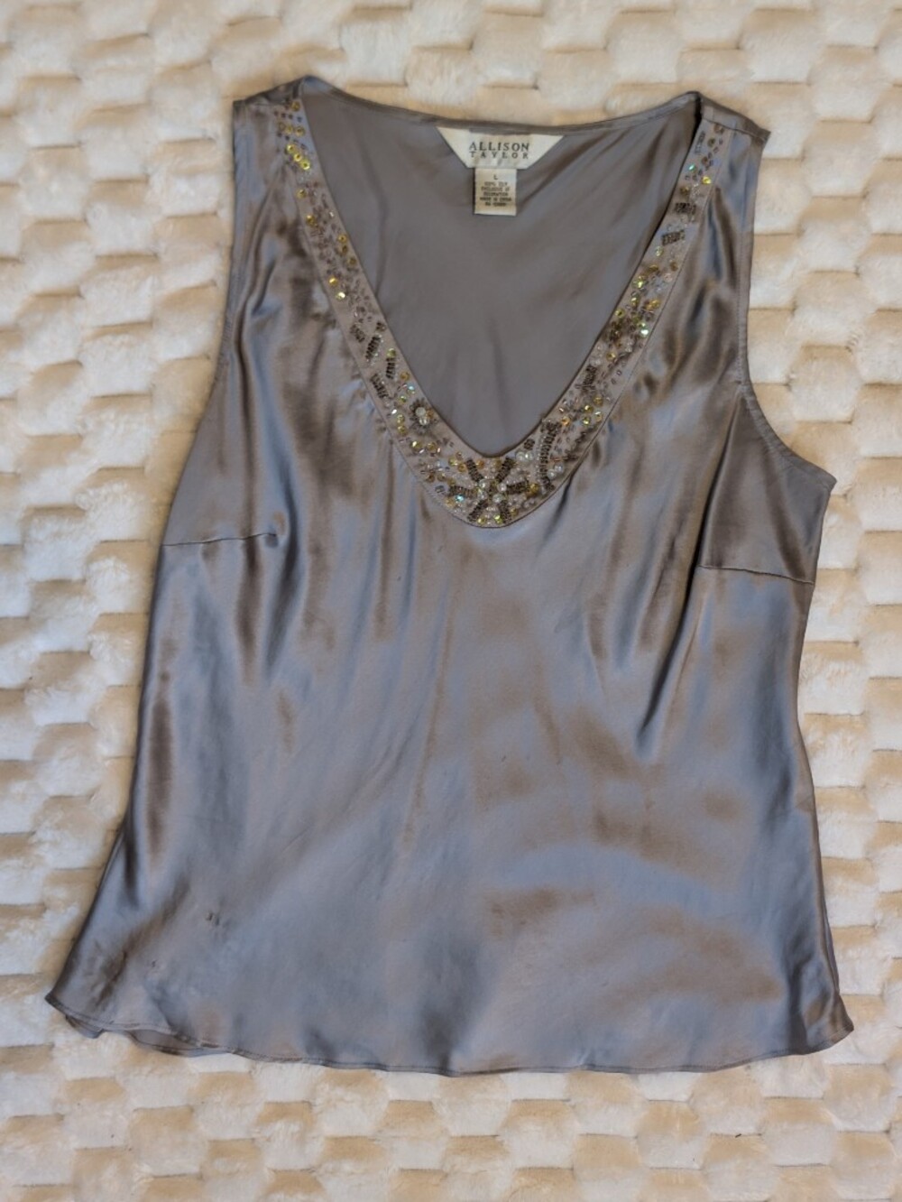 Vtg Allison Taylor Pewter Gray 100% Silk Beaded V-Neck Camisole Tank Top Large